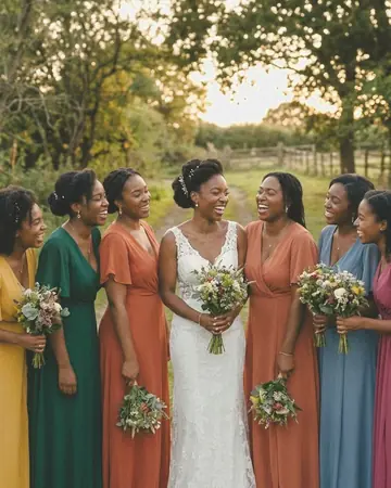 A fictional Black bride laughing with her bridesmaids outdoors, late afternoon sun, colourful dresses. With the Warm Negative preset applied.