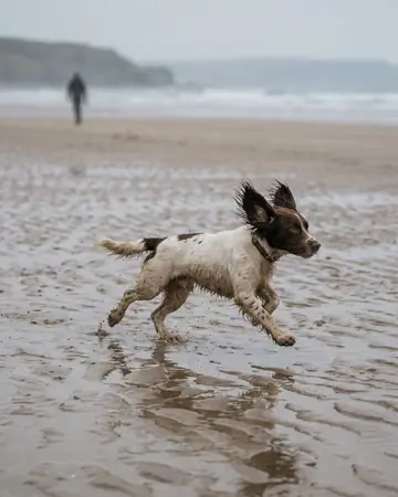 A spaniel running along the wet sand at low tide, ears flying, fictional owner blurred in the distance. Photographed without a preset.