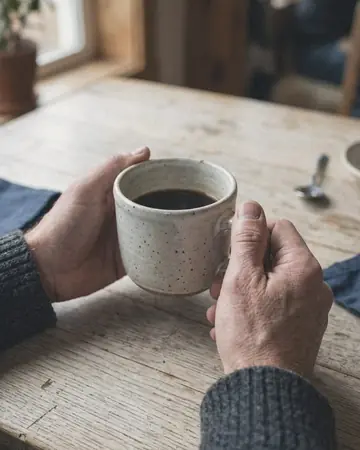 A fictional person's hands around a ceramic cup on a pale table. With the Warm Negative preset applied.