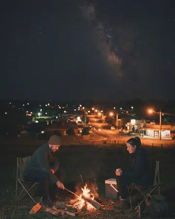 A campfire and two fictional campers under a wide night sky, night, lit only by street and shop lights. With the Warm Negative preset applied.