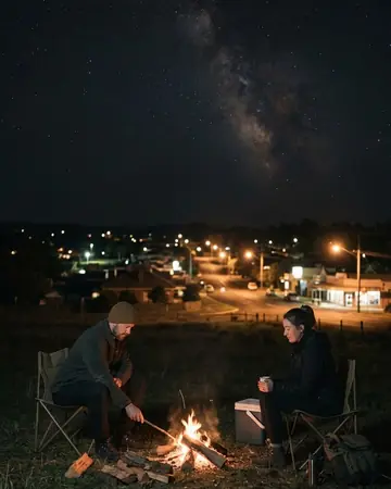 A campfire and two fictional campers under a wide night sky, night, lit only by street and shop lights. Photographed without a preset.