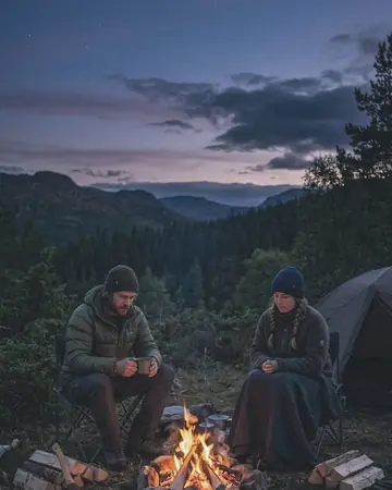 A campfire and two fictional campers under a wide night sky, blue hour just after sunset, cool ambient light. With the Warm Negative preset applied.
