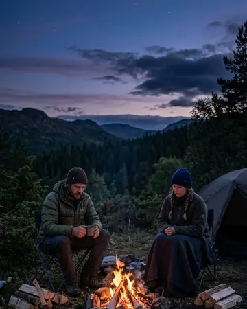 A campfire and two fictional campers under a wide night sky, blue hour just after sunset, cool ambient light. Photographed without a preset.