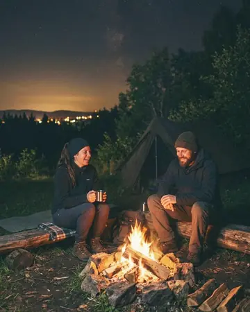 A campfire and two fictional campers under a wide night sky, night, lit only by street and shop lights. With the Warm Negative preset applied.