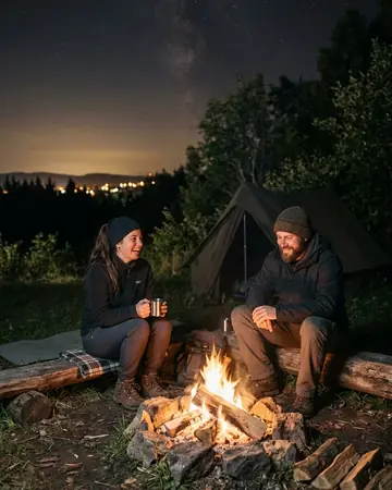 A campfire and two fictional campers under a wide night sky, night, lit only by street and shop lights. Photographed without a preset.