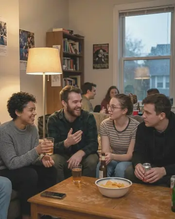 Fictional friends talking at an indoor party, mixed lamp and window light. With the Warm Negative preset applied.