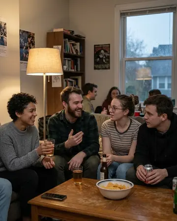 Fictional friends talking at an indoor party, mixed lamp and window light. Photographed without a preset.