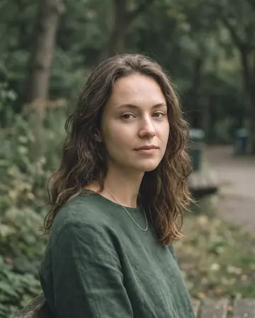A fictional woman's portrait outdoors in open shade, daylight. With the Warm Negative preset applied.