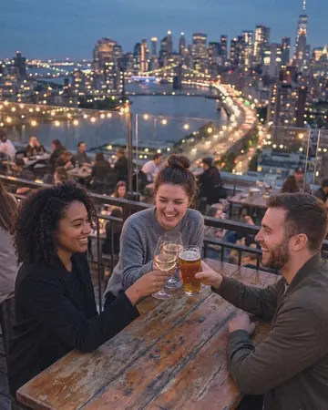 Fictional friends clinking glasses at a rooftop bar at blue hour, city skyline behind. With the Warm Negative preset applied.