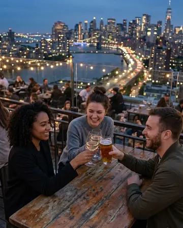 Fictional friends clinking glasses at a rooftop bar at blue hour, city skyline behind. Photographed without a preset.