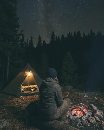 A star field above a pine ridge, a tent with a lantern inside, campfire embers, fictional camper seen from behind. With the Warm Negative preset applied.