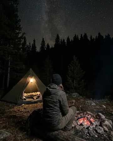A star field above a pine ridge, a tent with a lantern inside, campfire embers, fictional camper seen from behind. Photographed without a preset.