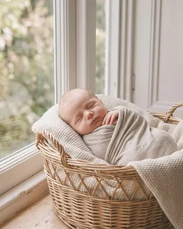 A fictional newborn asleep in a wicker basket on a cream blanket beside a window, soft daylight. With the Wedding Film preset applied.